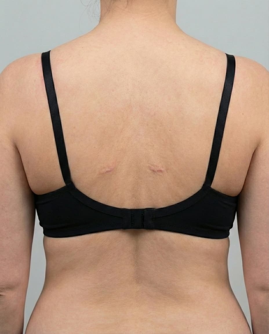 After Tumescent Liposuction on upper back & bra line — Female patient, age 38, 5 months post-op