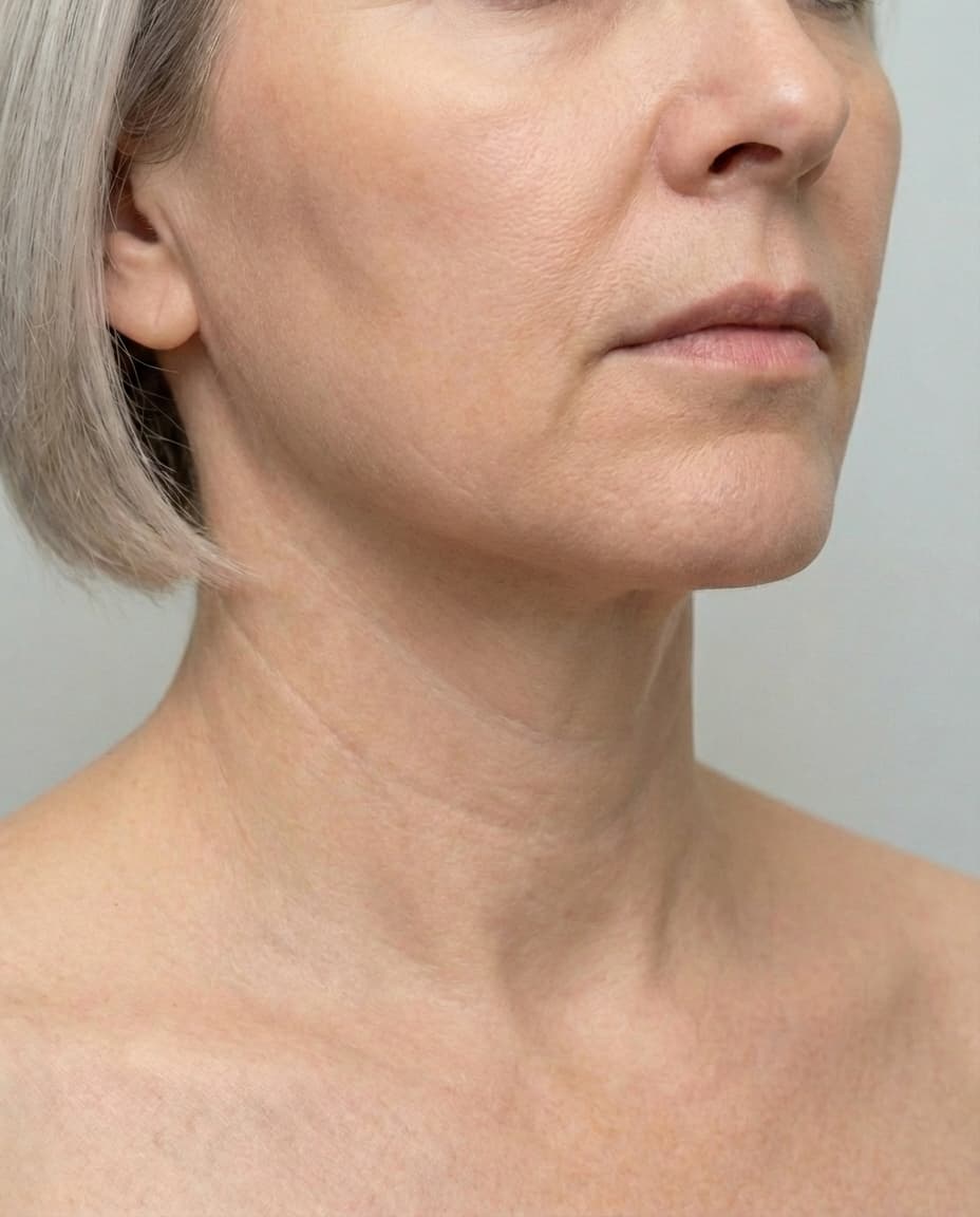 After Microcannula Liposuction on chin & jawline — Female patient, age 50, 4 months post-op