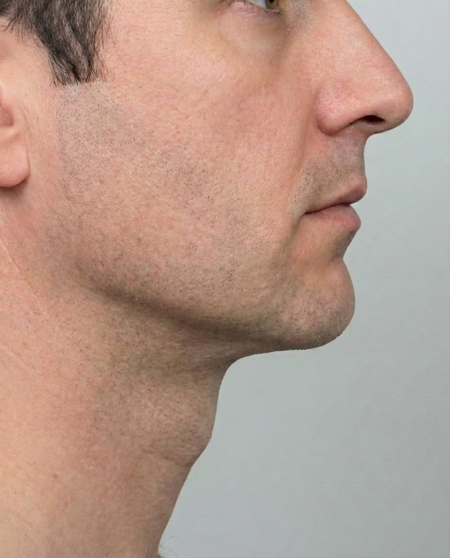 After VASER Liposuction on chin & neck — Male patient, age 42, 8 months post-op