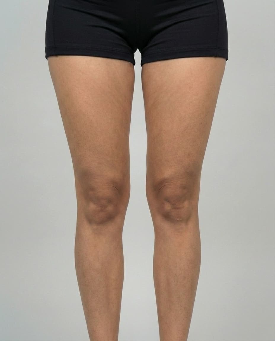 After Tumescent Liposuction on thighs & knees — Female patient, age 35, 6 months post-op