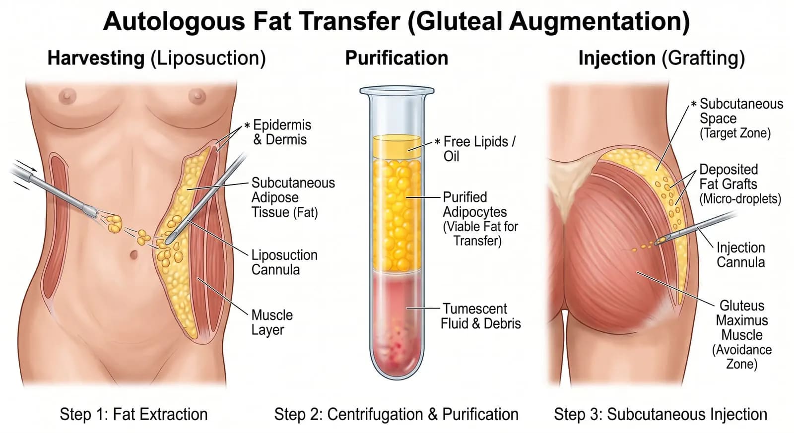 360 lipo with BBL procedure diagram showing fat harvest zones and gluteal transfer sites