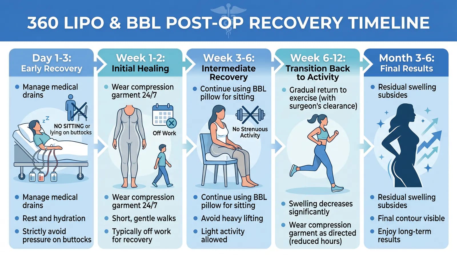 360 lipo and BBL recovery timeline: week-by-week milestones from surgery through 6 months
