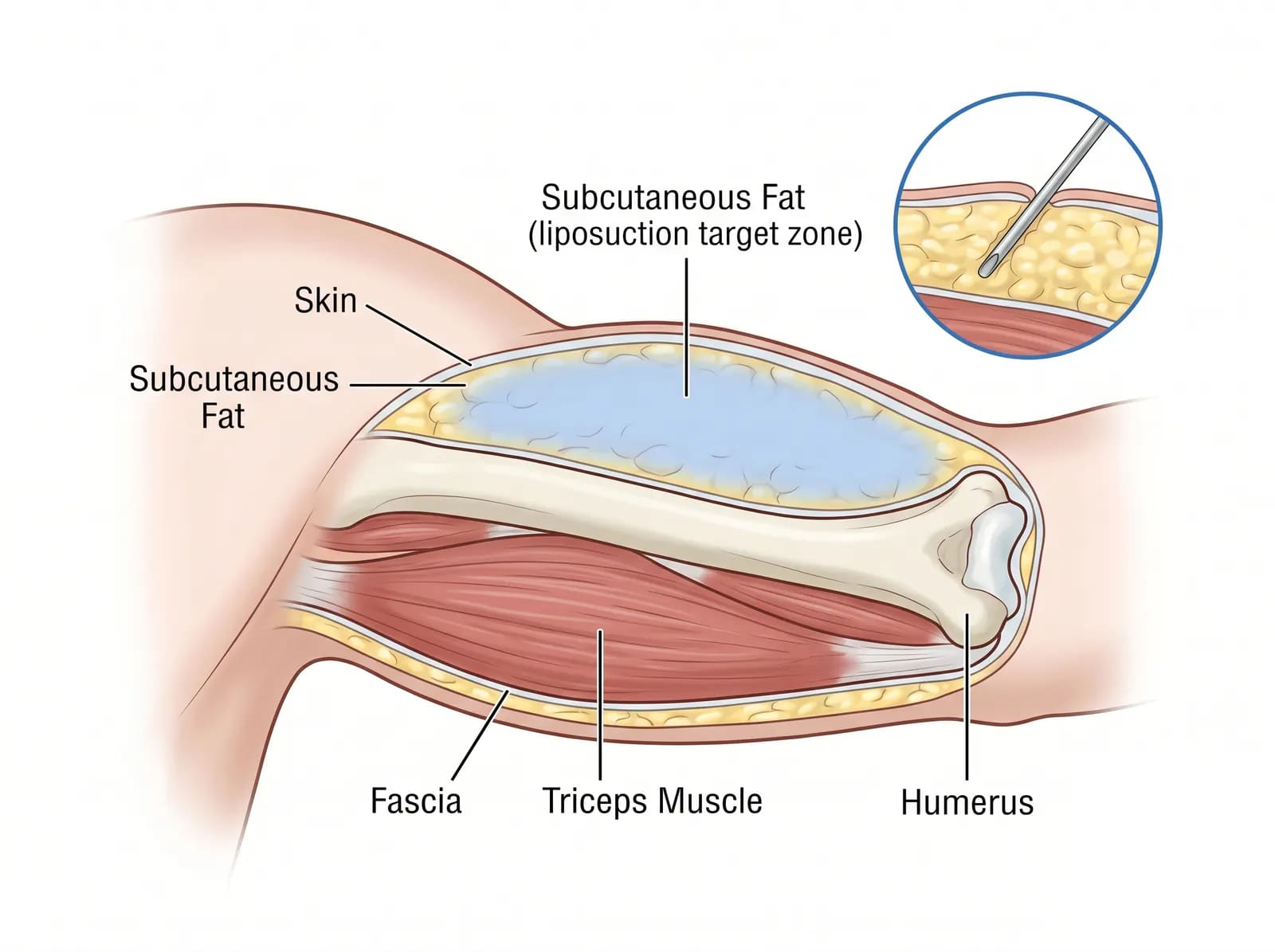 upper arm fat anatomy showing subcutaneous fat distribution and skin elasticity zones