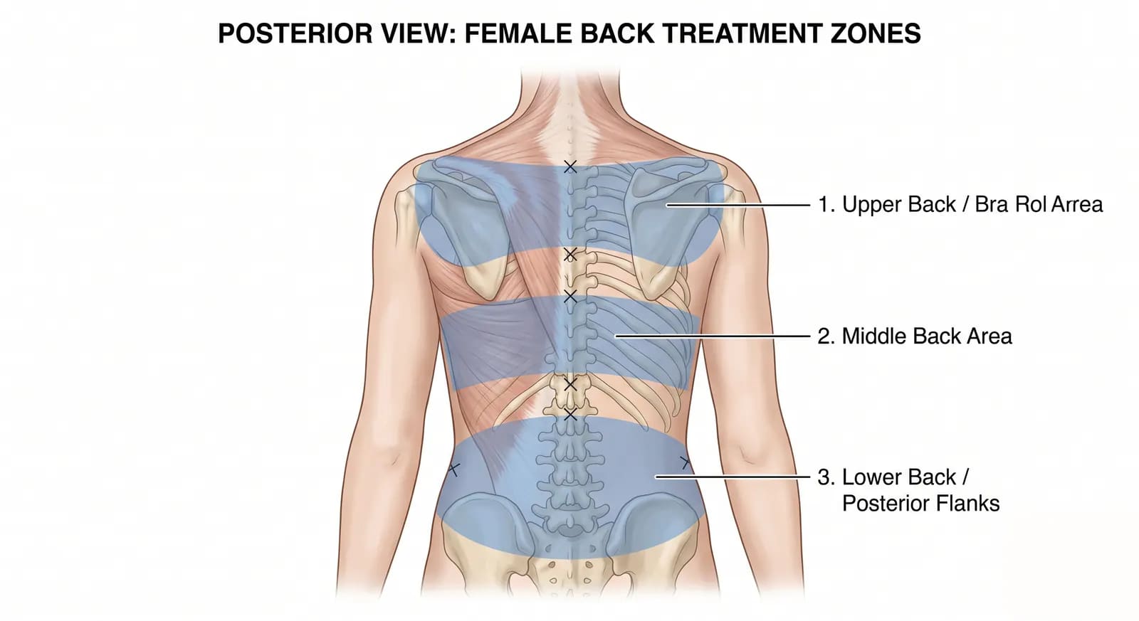 back liposuction treatment zones: upper back bra rolls, axillary fat, mid back, and posterior flanks