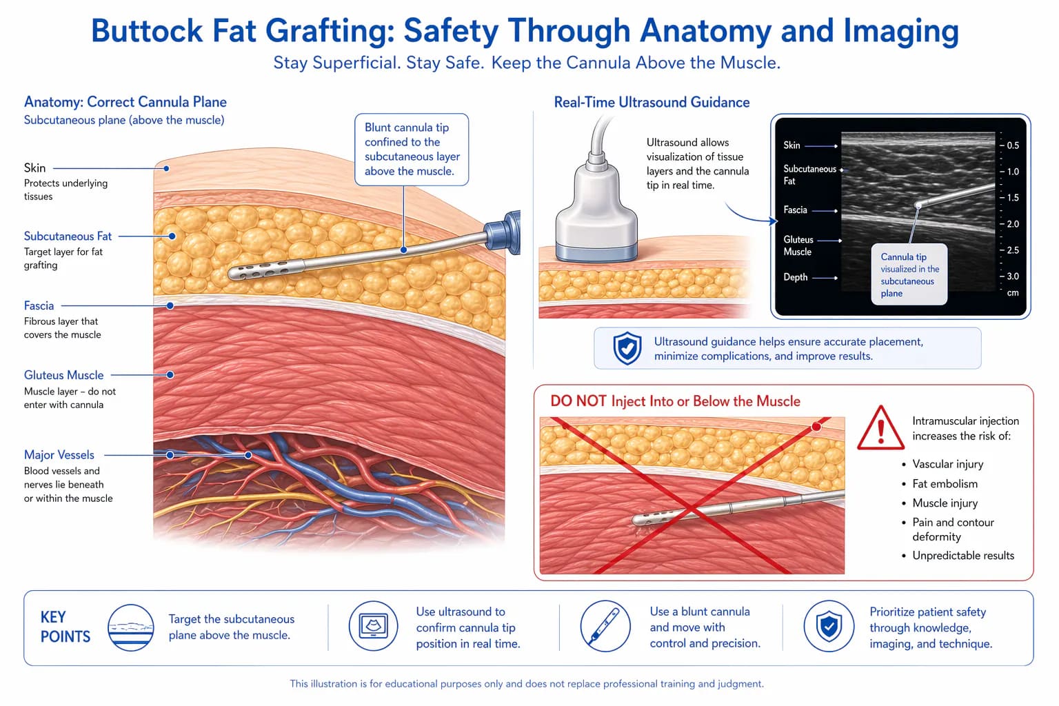 BBL safety cross-section: safe subcutaneous fat injection plane vs dangerous intramuscular zone