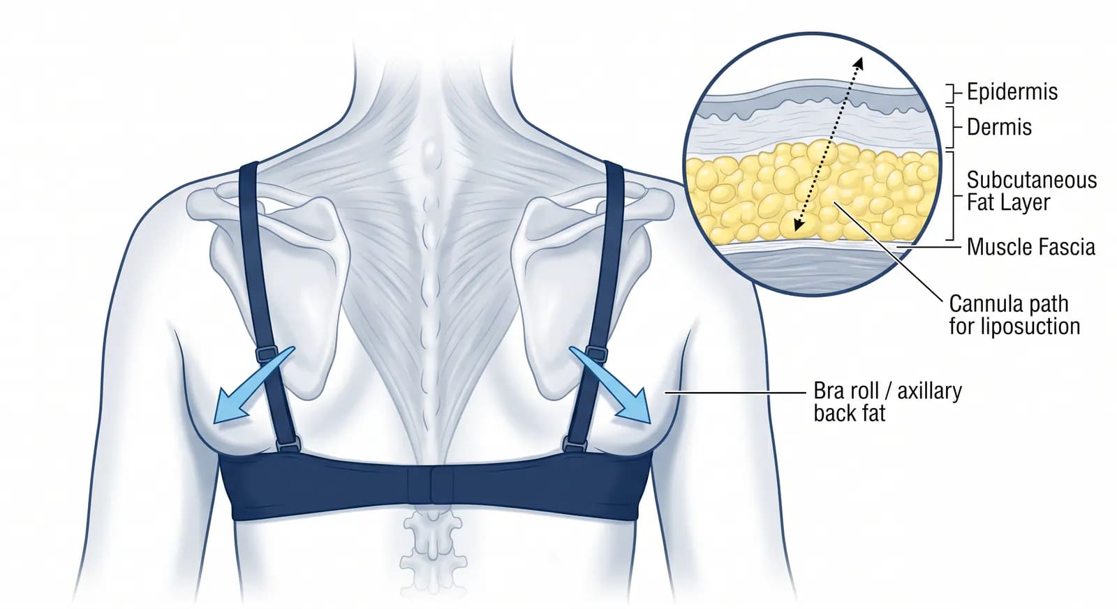 upper back bra roll fat bulge: the most commonly treated zone in back liposuction