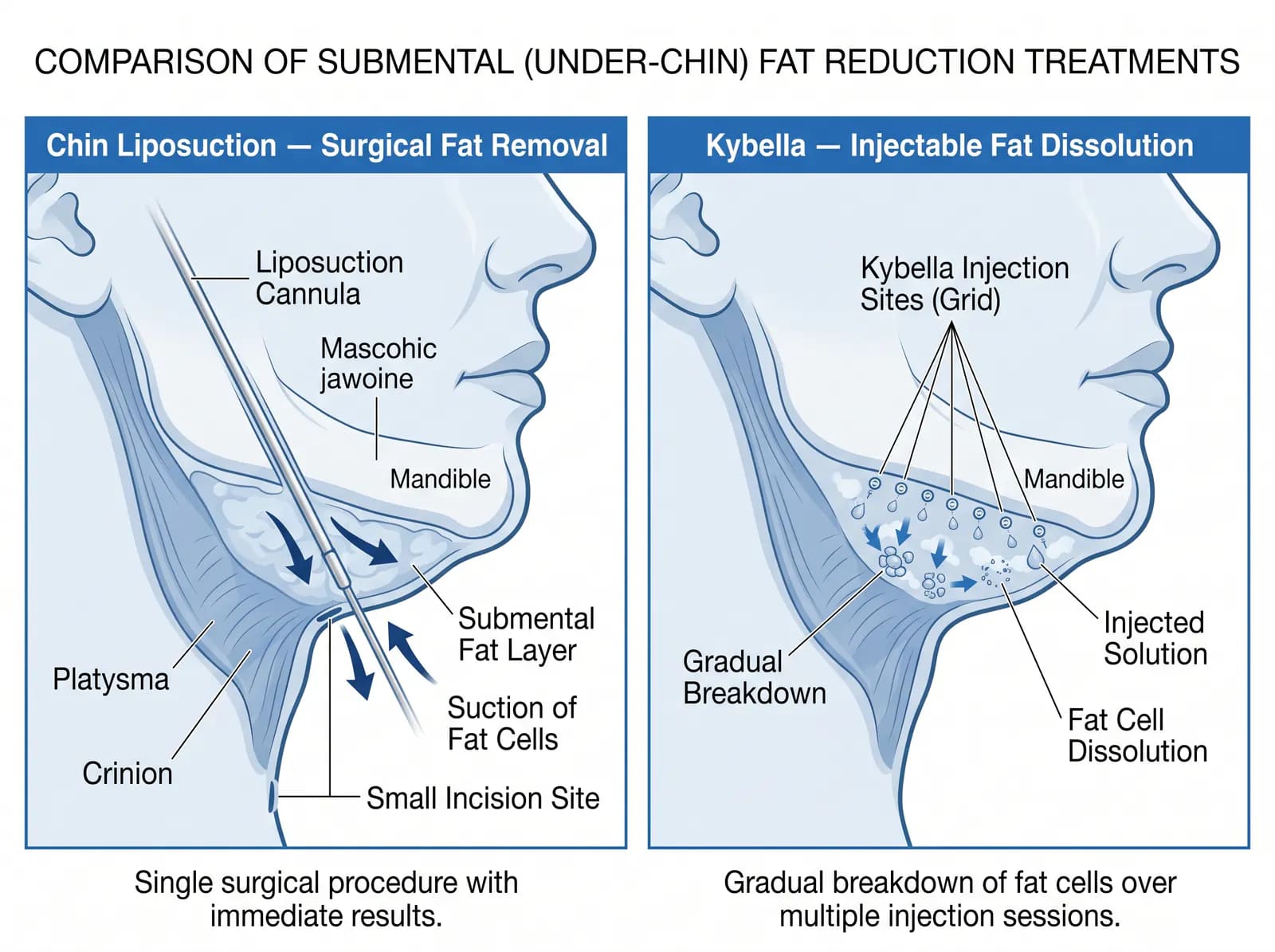 chin liposuction vs Kybella vs CoolSculpting Mini: results, sessions needed, cost, and recovery compared