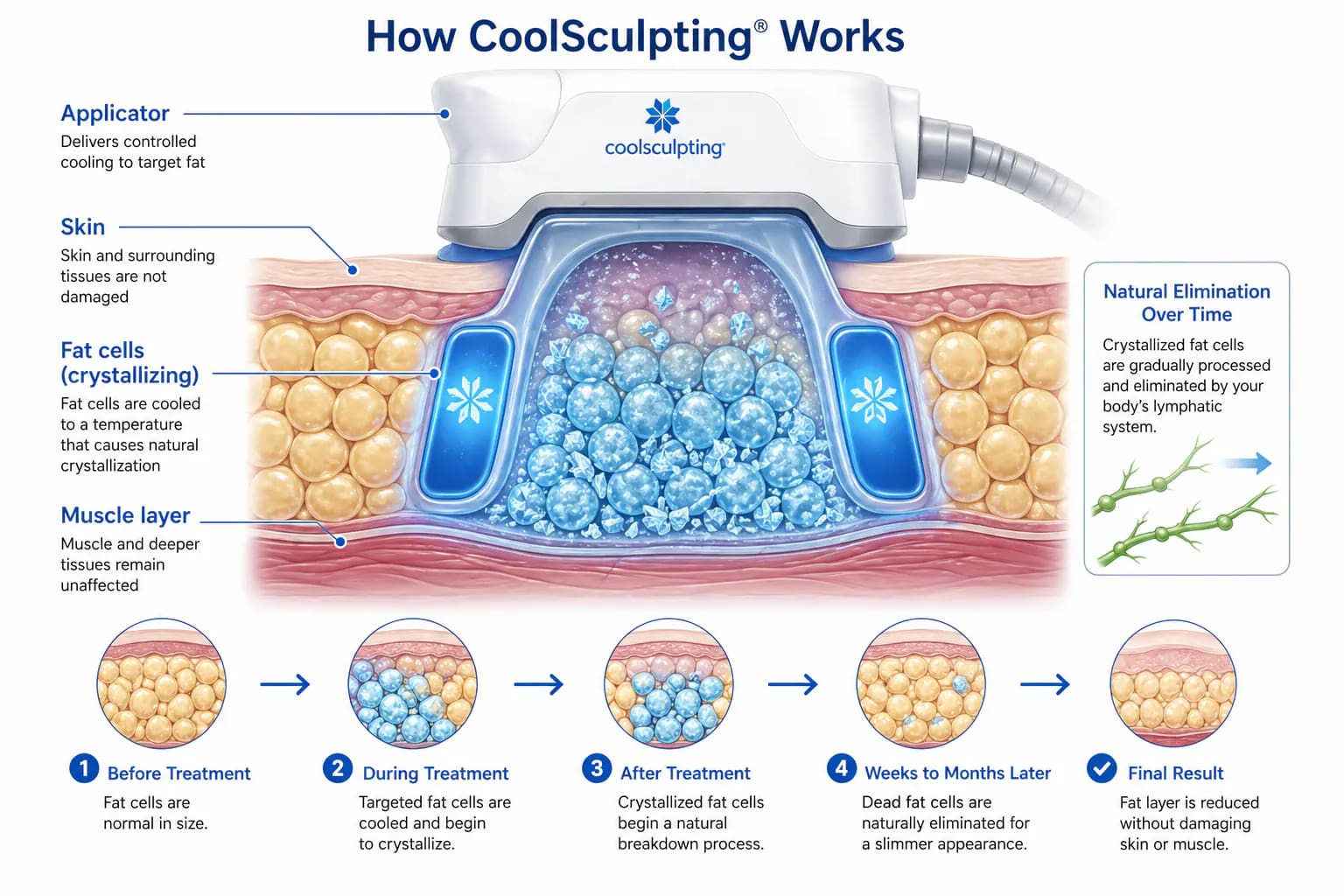 how CoolSculpting cryolipolysis works: fat cells frozen at -11°C and naturally eliminated over 3 months