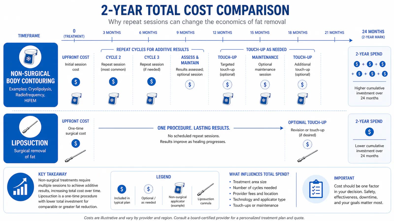 3-year cost comparison: single liposuction procedure vs repeated non-surgical fat reduction sessions
