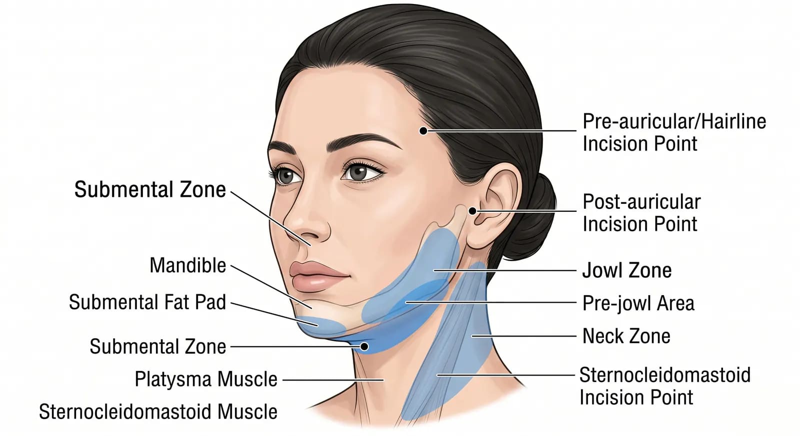 facial liposuction treatment zones: jowls, submental area, and neck for jawline definition