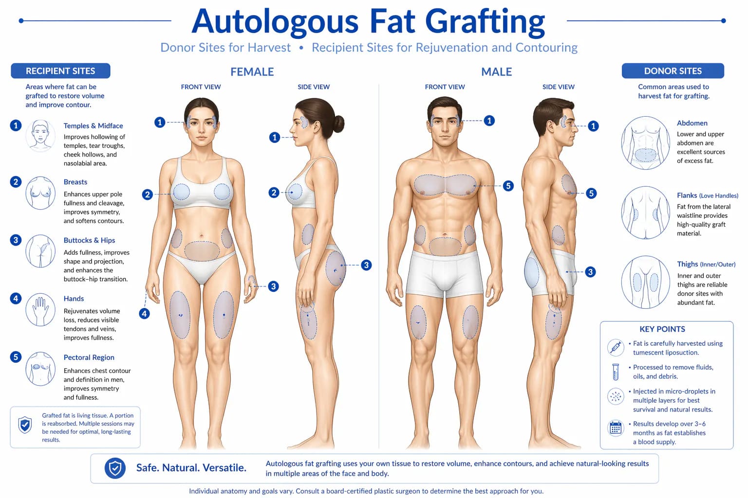 fat grafting recipient sites: buttocks (BBL), breasts, face, temples, and hands by procedure type