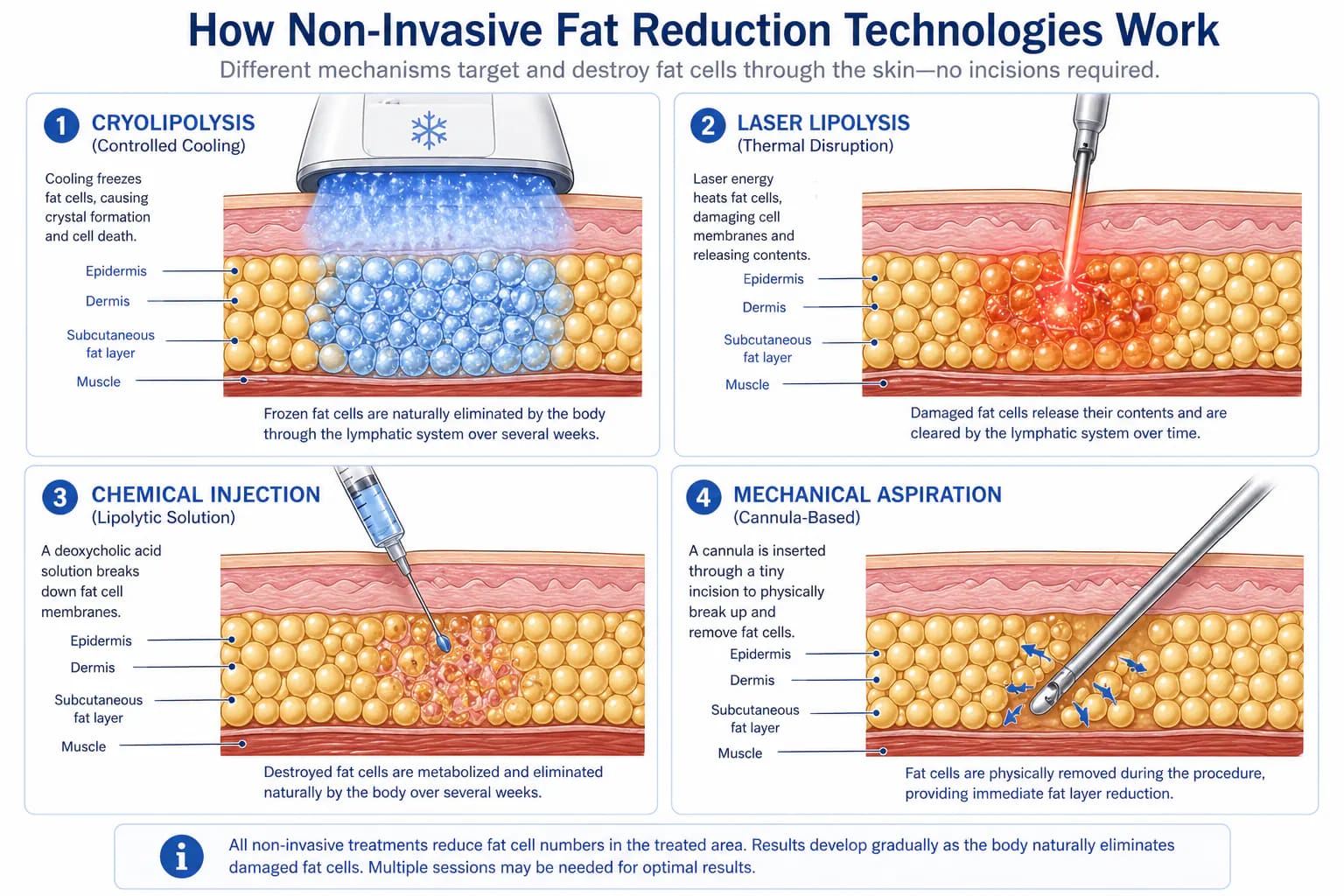 non-surgical fat reduction mechanisms: cryolipolysis, radiofrequency, and injectable deoxycholic acid