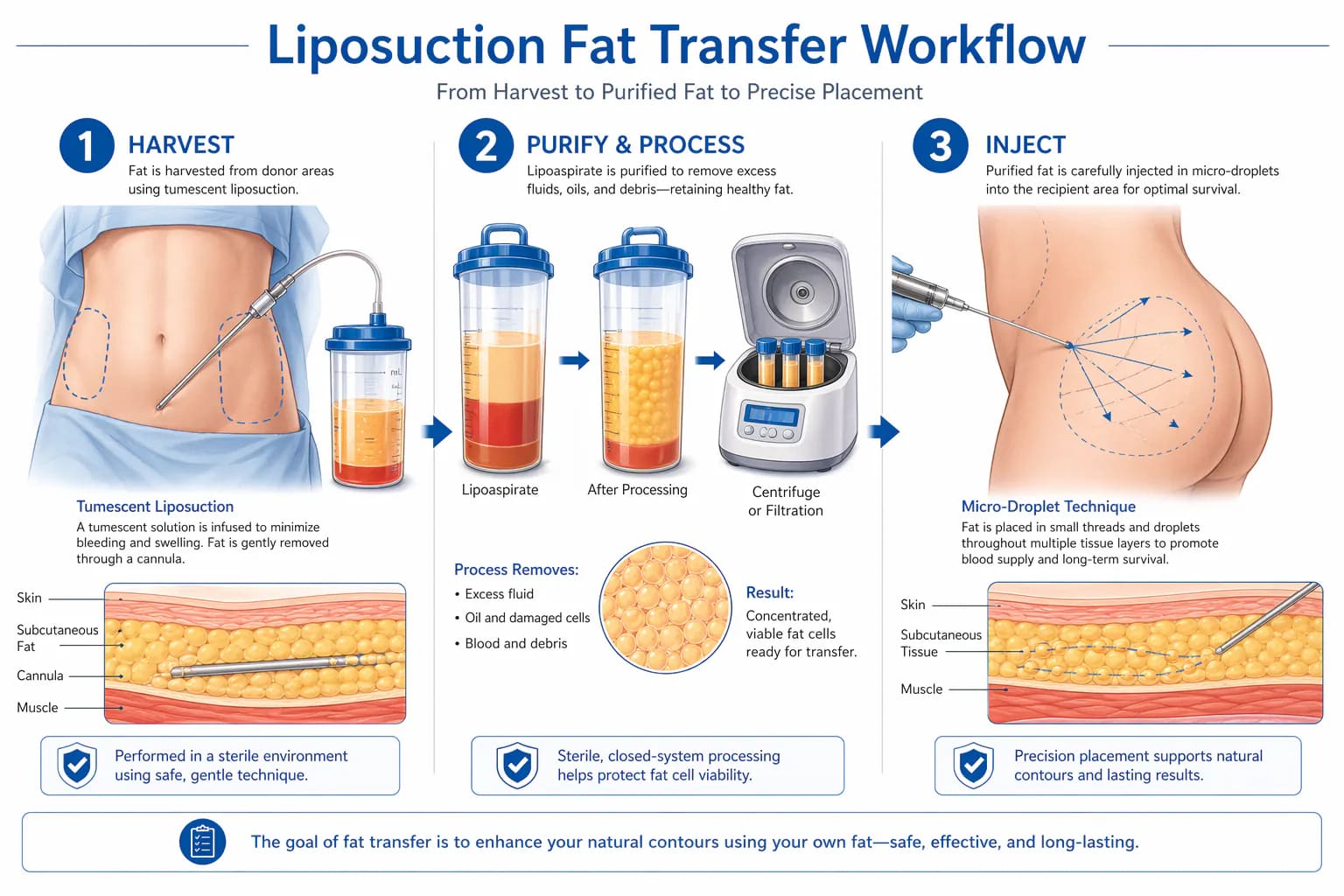 liposuction fat transfer workflow: fat harvest, centrifuge purification, and grafting injection steps