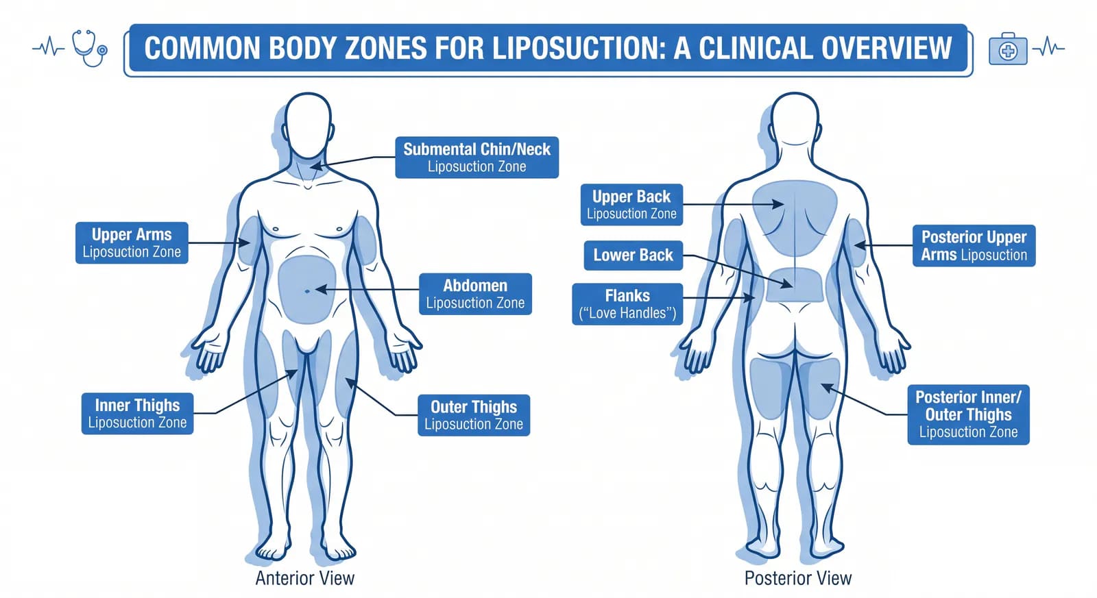 body map showing all treatable areas in a full-body liposuction session