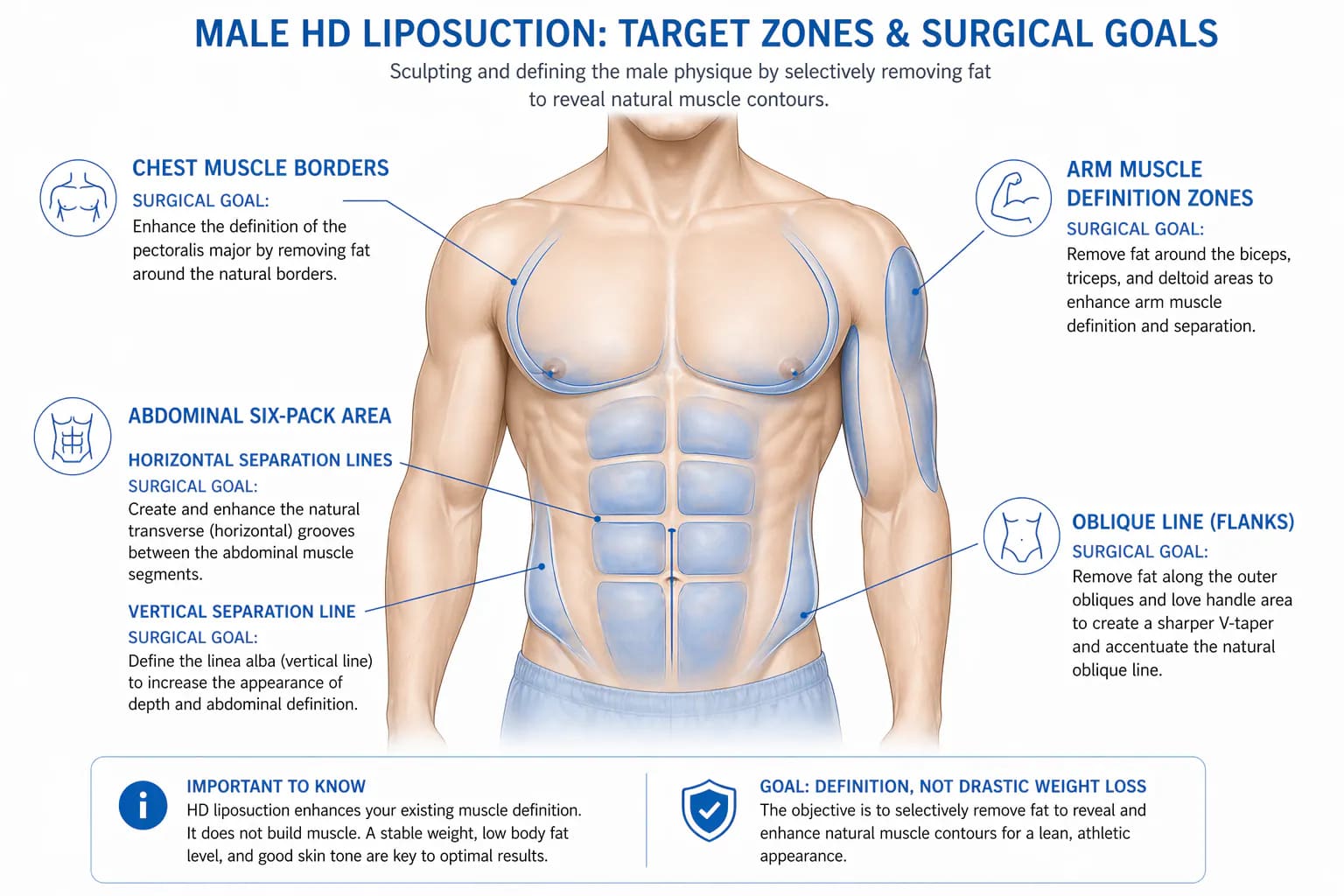 HD liposuction treatment zones for men: ab etching, oblique grooves, chest definition, and serratus