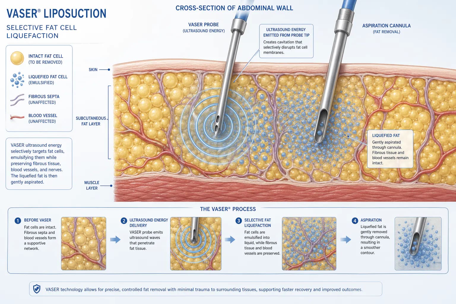 VASER ultrasound technology used in HD liposuction: selective fat emulsification preserving vessels and nerves