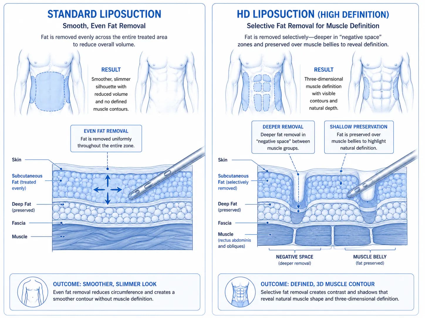 HD liposculpture vs standard liposuction: precision sculpting for athletic definition vs volume reduction
