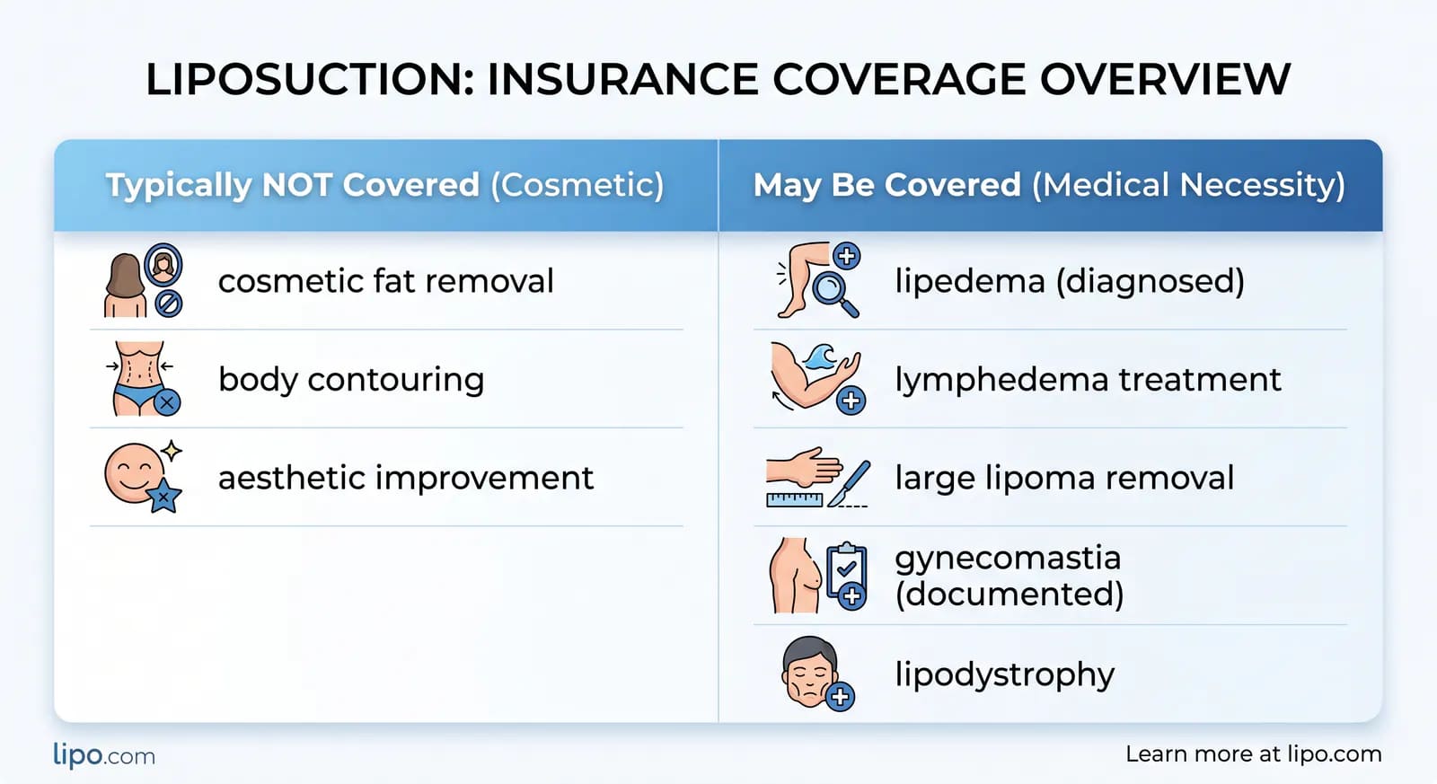 liposuction insurance coverage table: cosmetic exclusions vs medically necessary exception scenarios