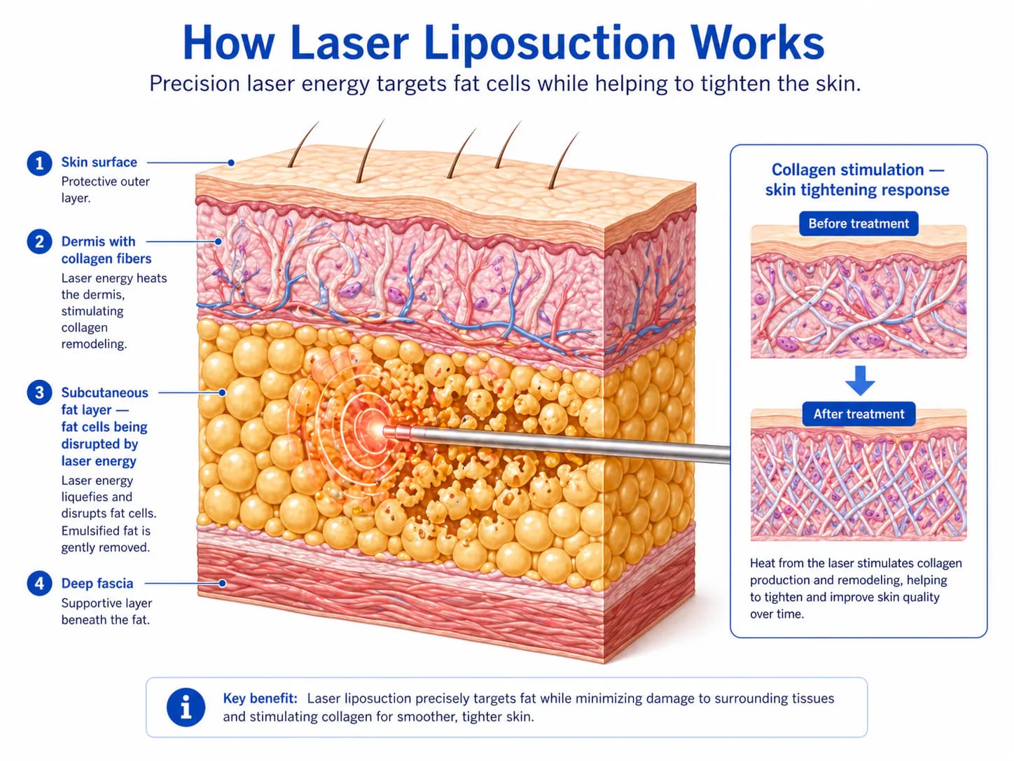 laser liposuction step-by-step procedure diagram: tumescent injection, laser fiber insertion, aspiration