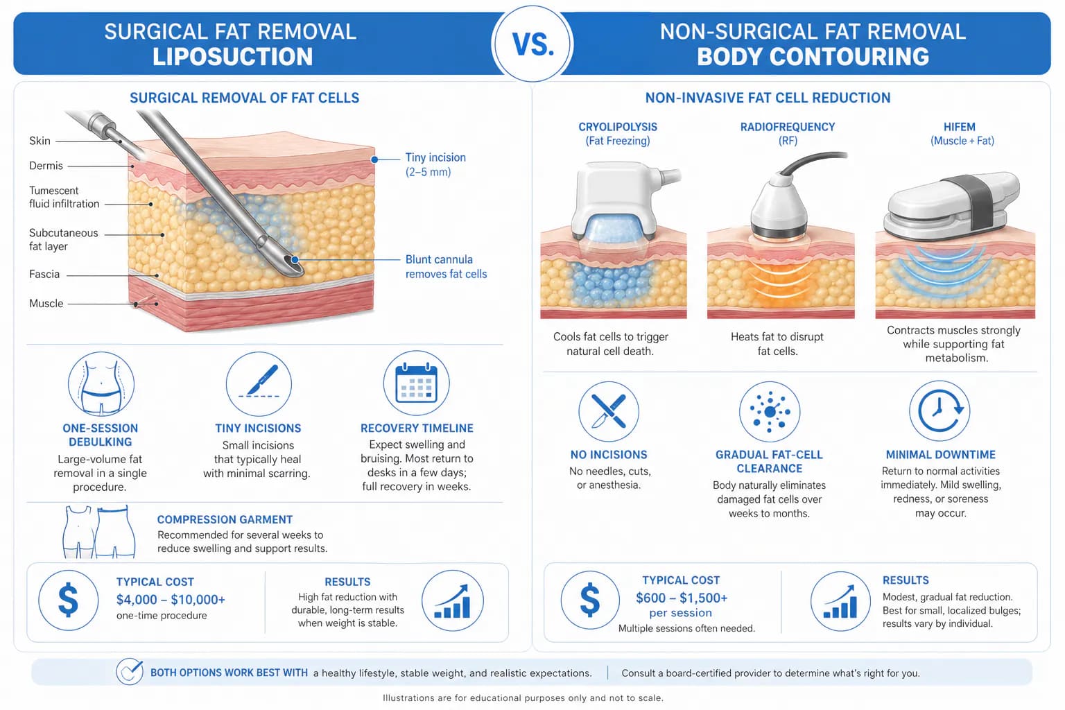 liposuction vs non-surgical fat removal side-by-side: results volume, downtime, and cost compared