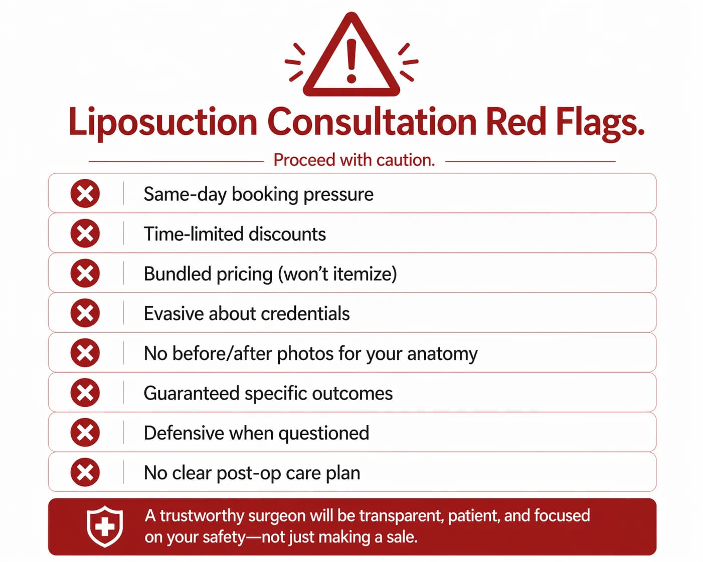 red flags to watch for when choosing a liposuction surgeon: high-pressure tactics, vague credentials, and pricing anomalies