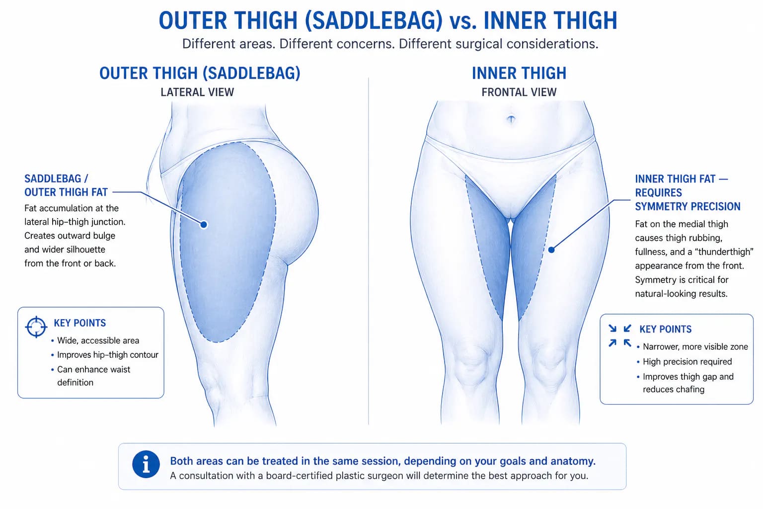 outer thigh saddlebags vs inner thigh fat: how each zone responds differently to liposuction