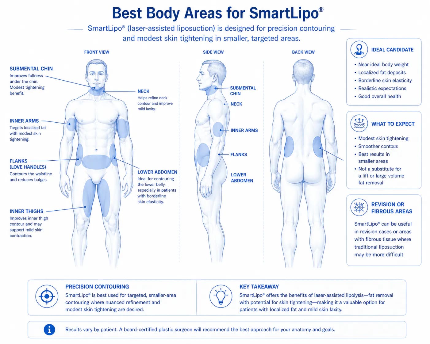 best body areas for SmartLipo laser liposuction: chin, arms, and inner thighs where skin laxity helps