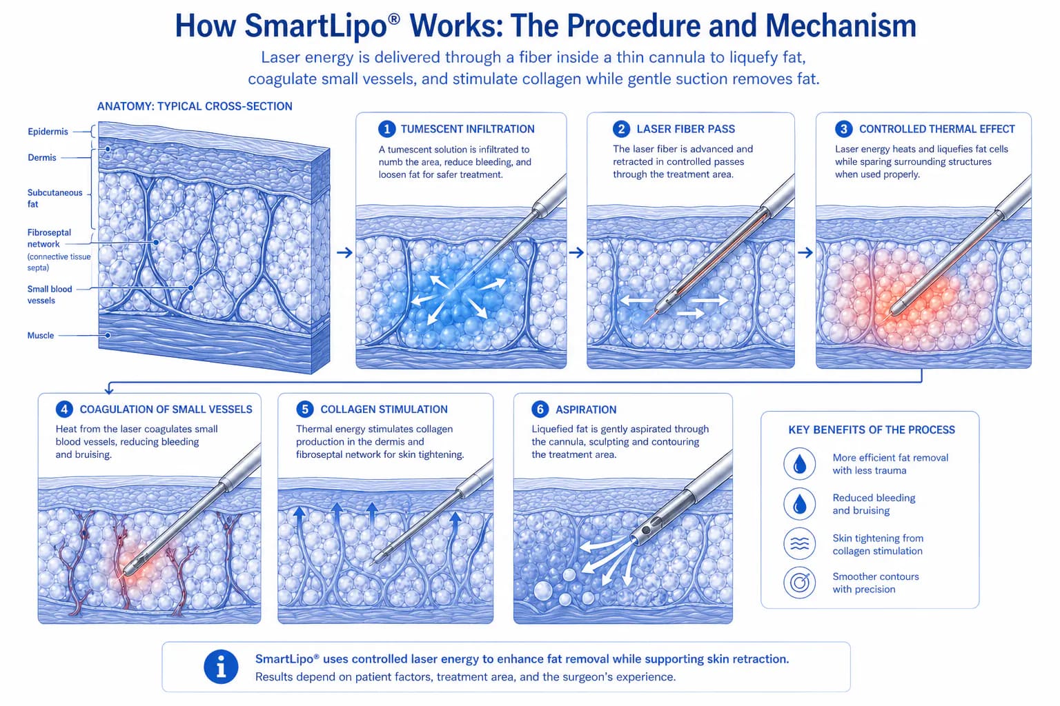 SmartLipo laser fiber cross-section showing heat energy liquefying fat cells in subcutaneous layer