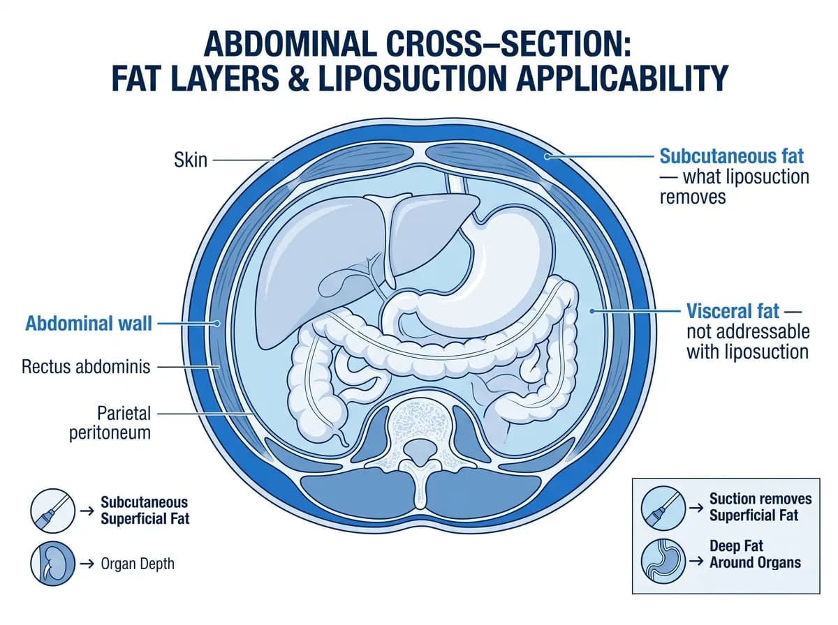 abdominal fat anatomy: subcutaneous fat liposuction can remove vs visceral fat it cannot treat