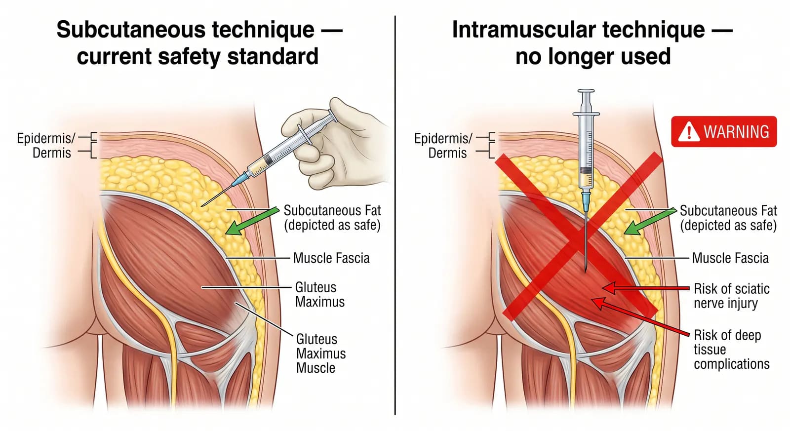 cross-section showing safe subcutaneous vs dangerous intramuscular fat injection planes in BBL surgery