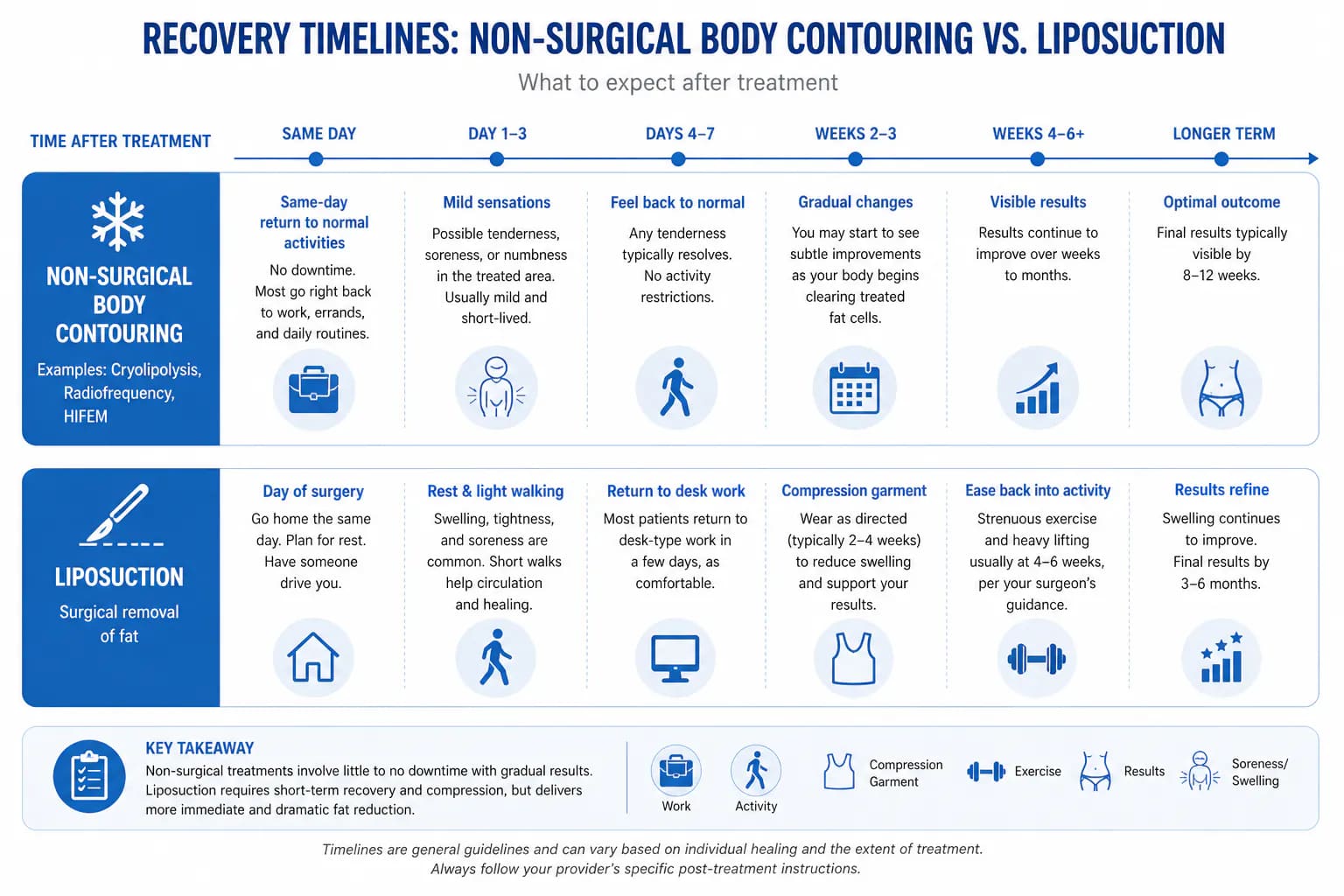 downtime comparison: liposuction surgical recovery vs no-downtime non-surgical fat reduction treatments