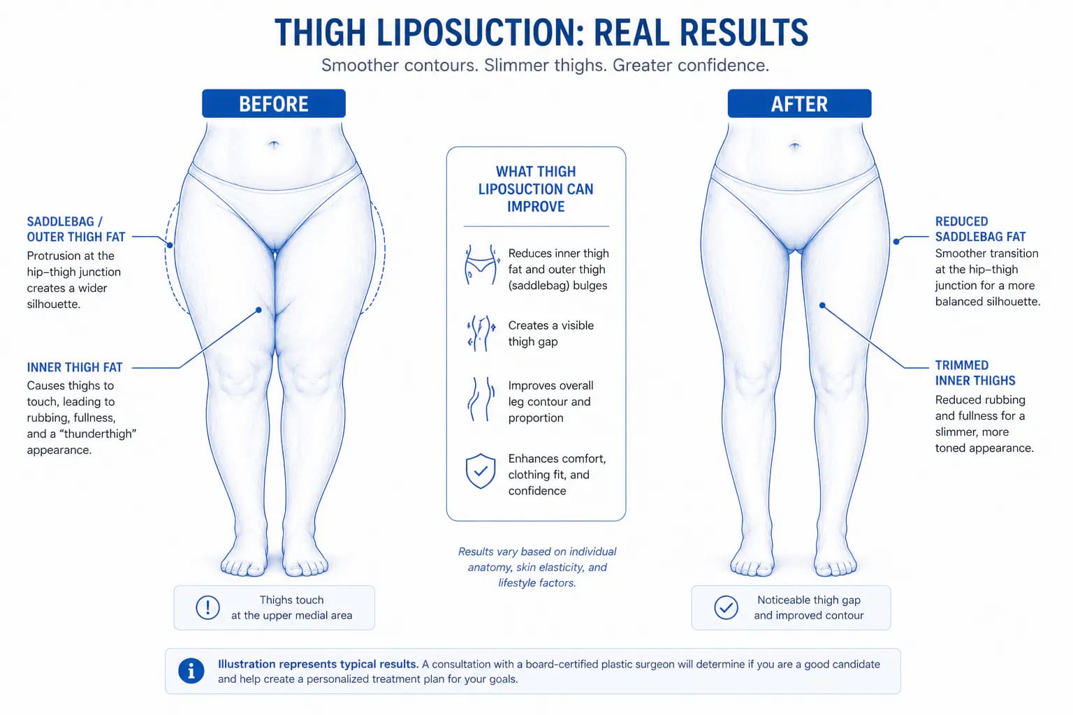 inner and outer thigh liposuction results diagram showing contour improvement at 6 months