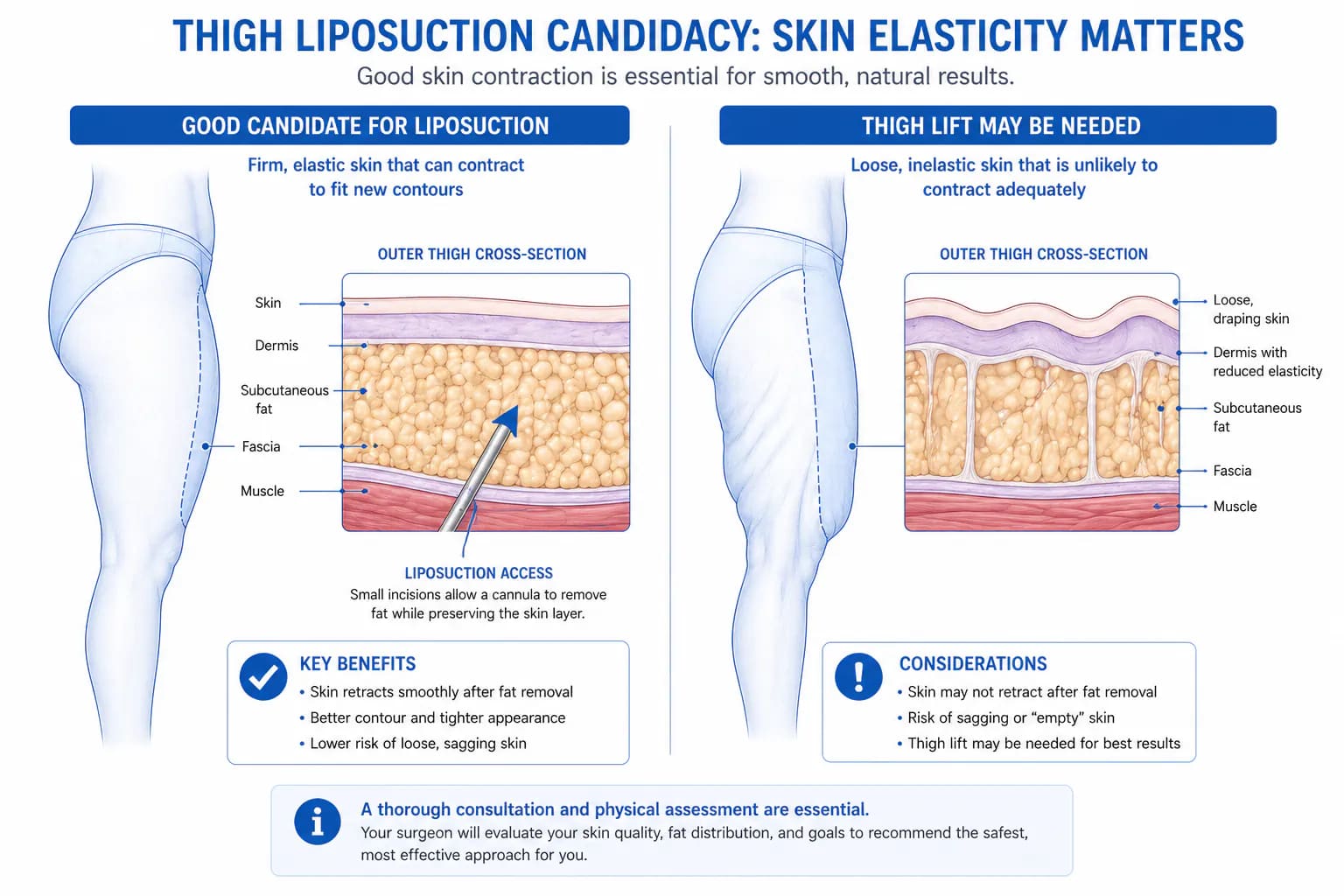 thigh liposuction candidacy assessment: skin elasticity test and fat distribution evaluation