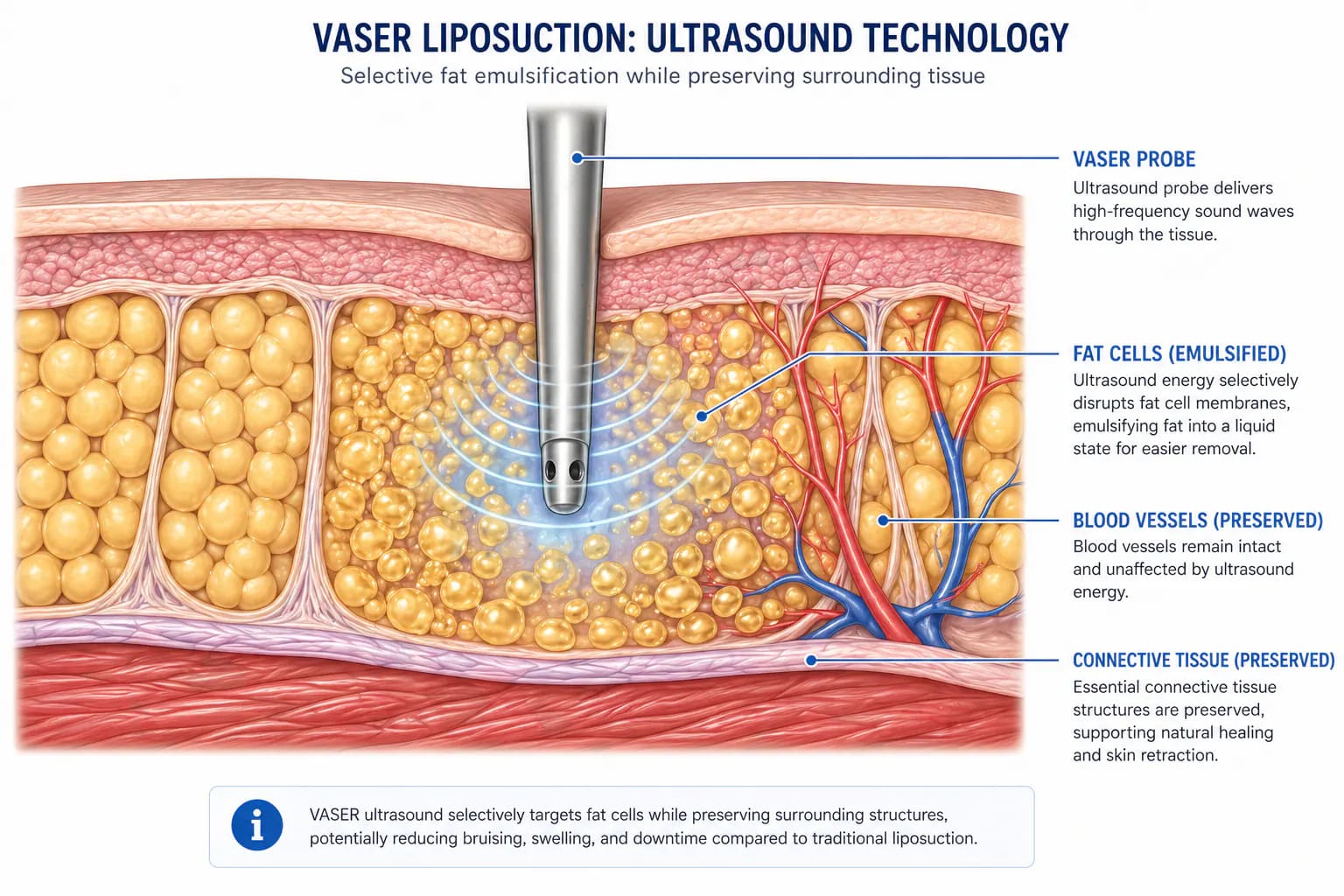 VASER ultrasound mechanism: how 36 kHz sound waves selectively emulsify fat while preserving connective tissue