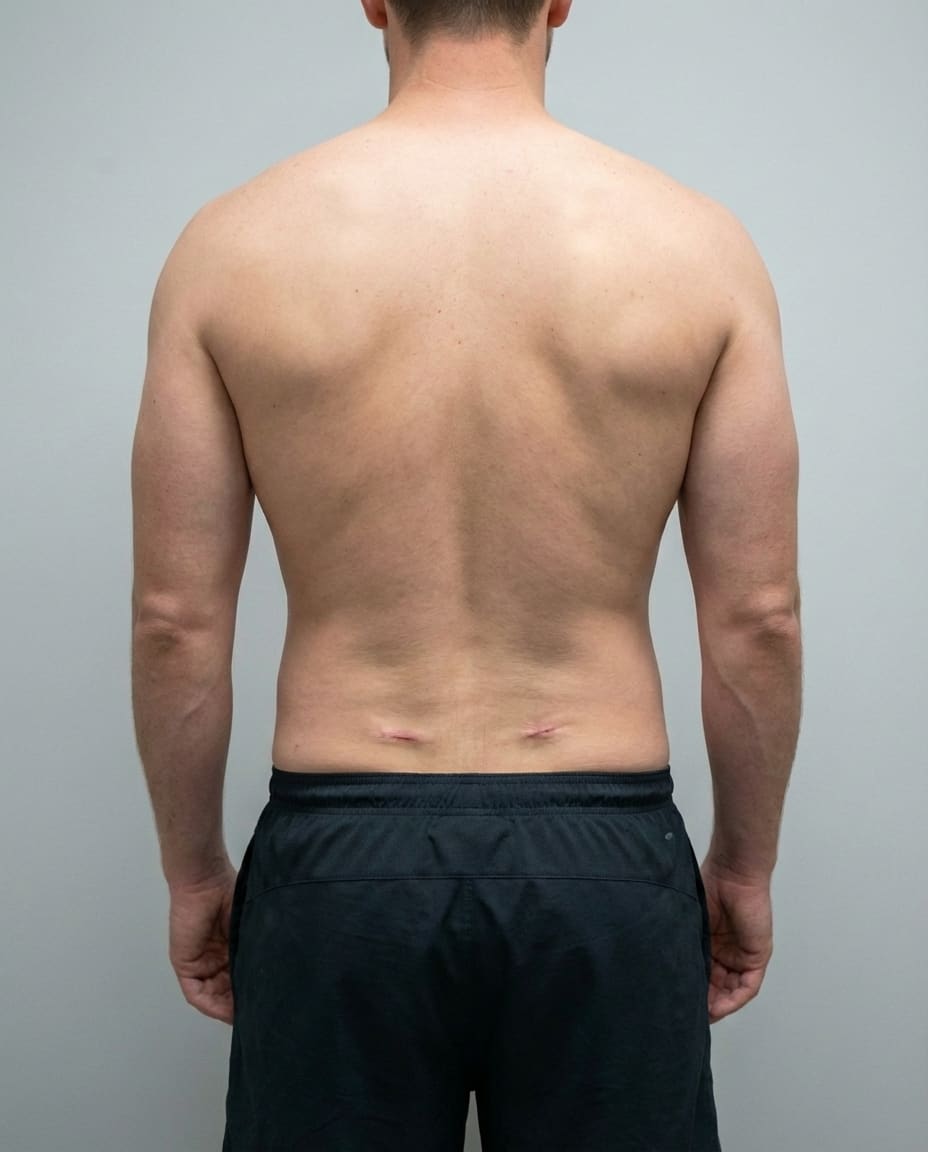 After Power-Assisted Liposuction on flanks & lower back — Male patient, age 34, 6 months post-op