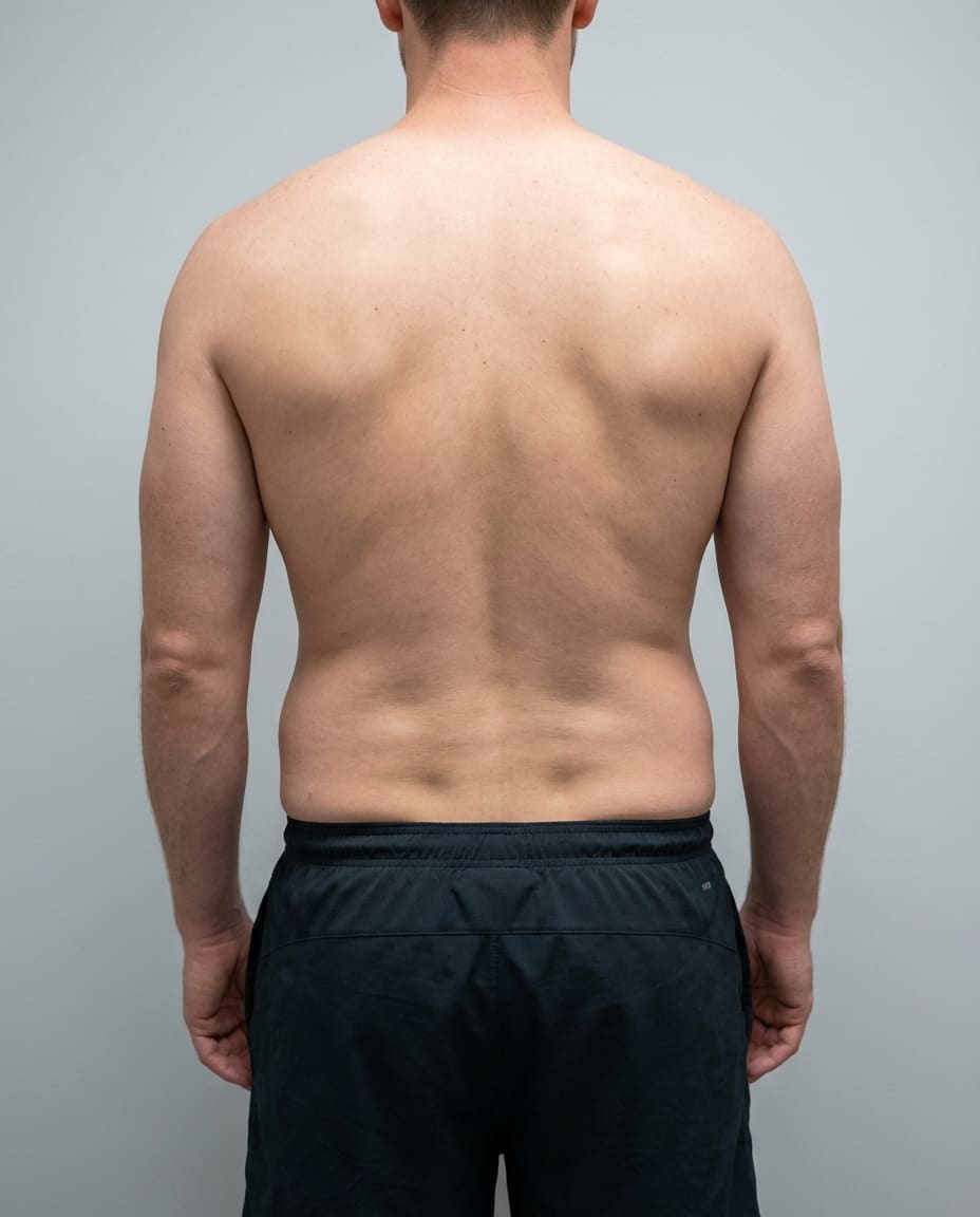 Before Power-Assisted Liposuction on flanks & lower back — Male patient, age 34