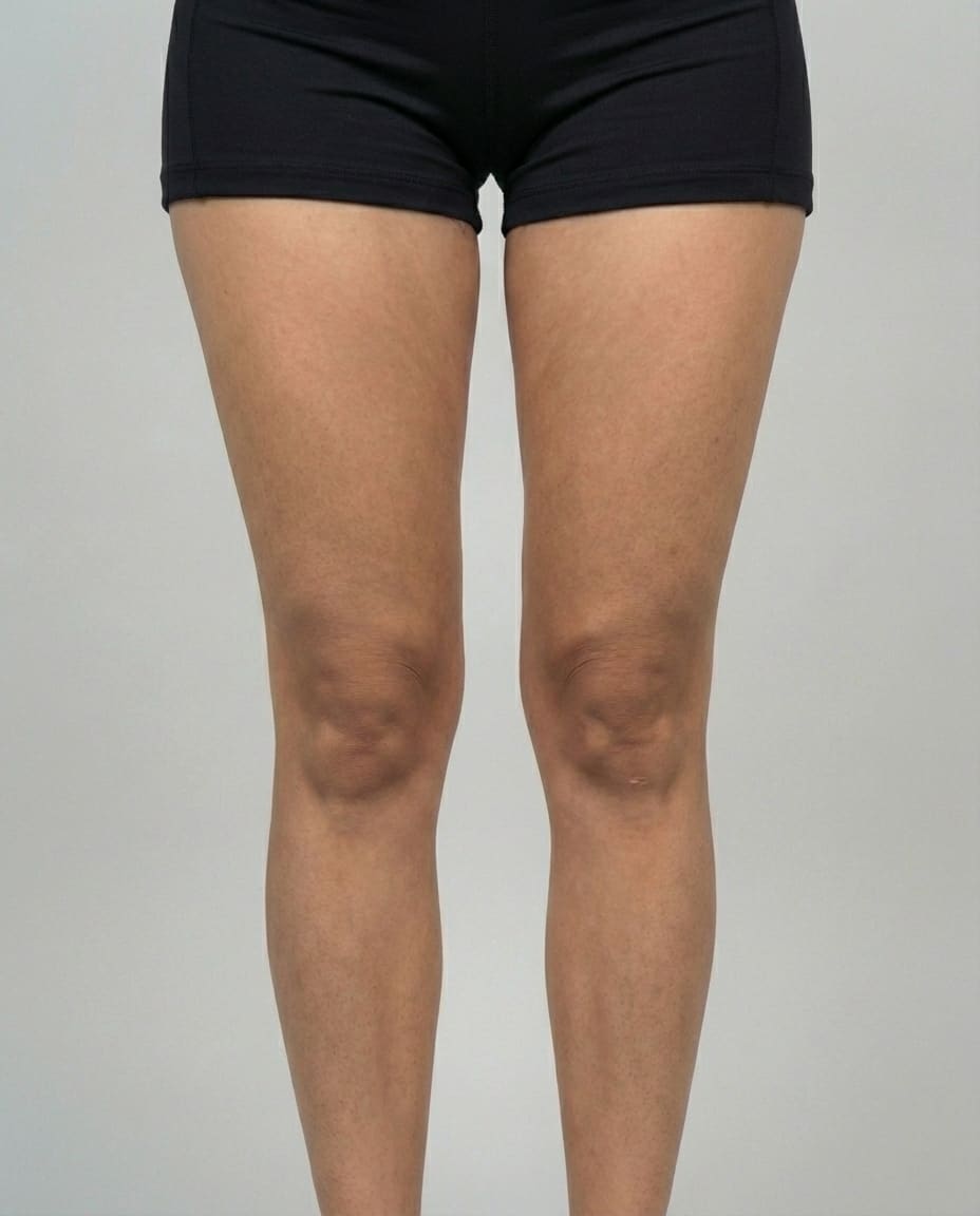 After Tumescent Liposuction on thighs & knees — Female patient, age 35, 6 months post-op